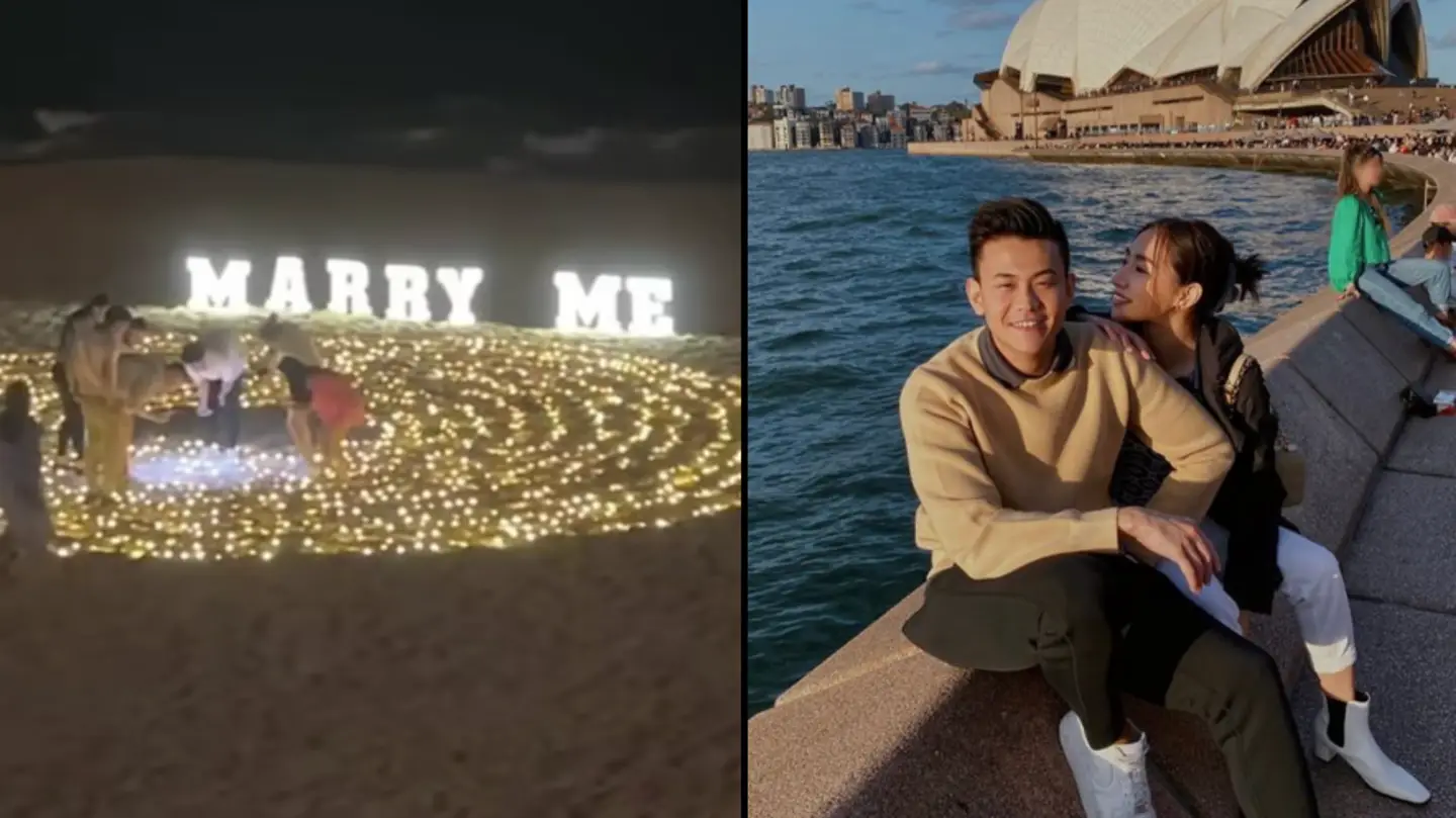 A beach proposal goes horribly wrong as a man loses his ring in the sand.