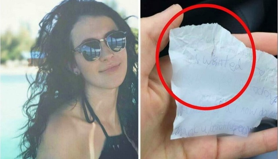 Woman buys homeless man food and stays with him – he then gives her a note and she realizes the truth.