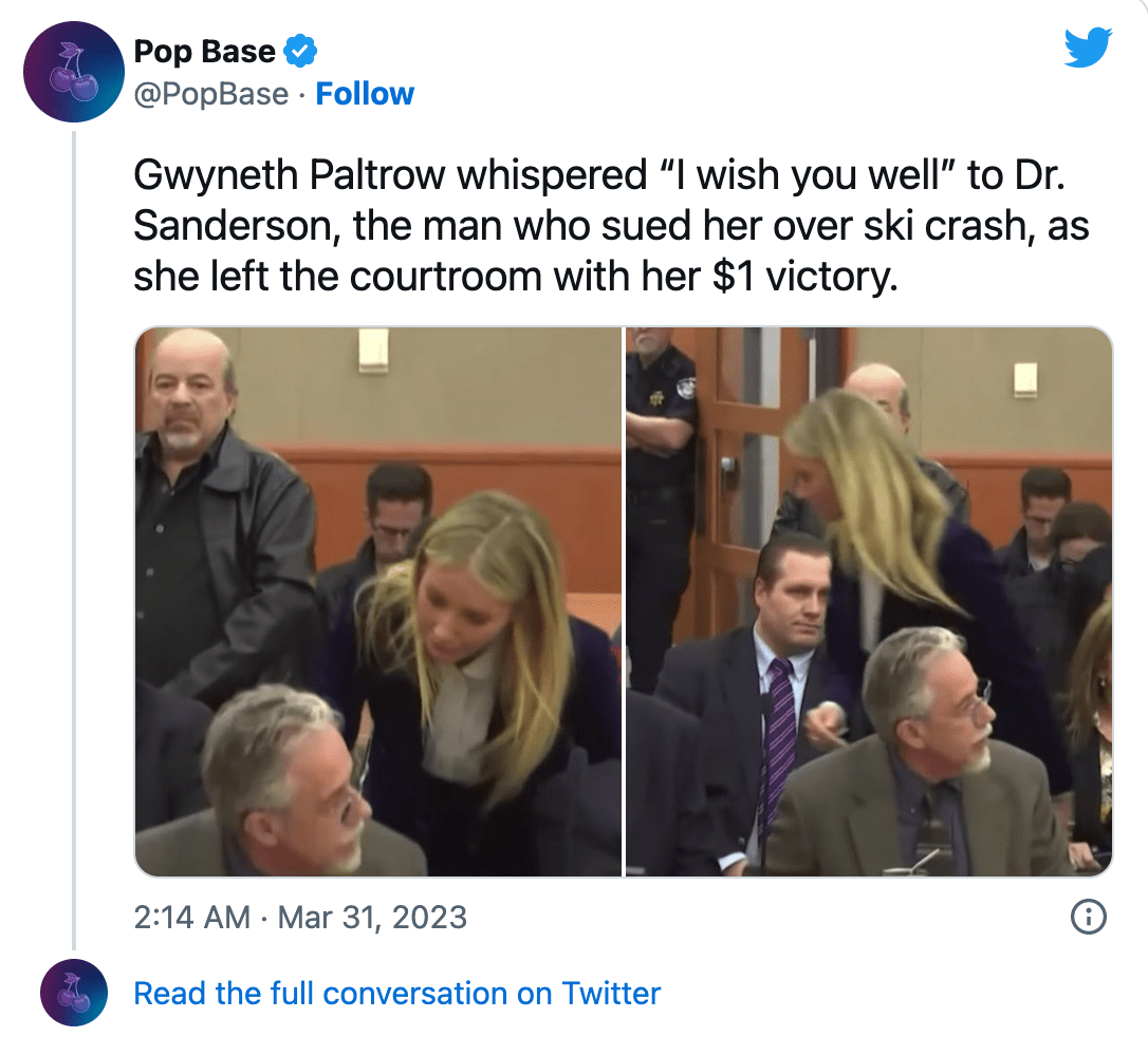 Gwyneth Paltrow wins her lawsuit – stops to whisper in the plaintiff’s ear as she leaves the court