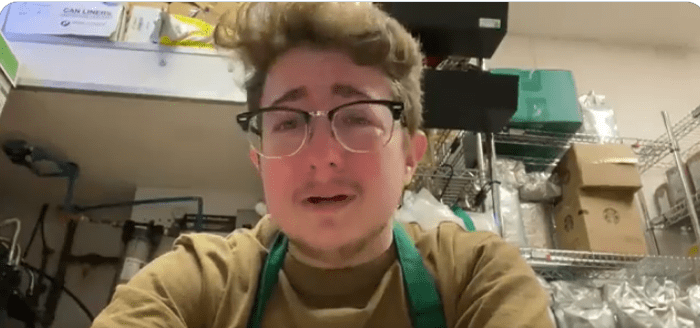 A Starbucks employee cries after being assigned to work for 8 hours.