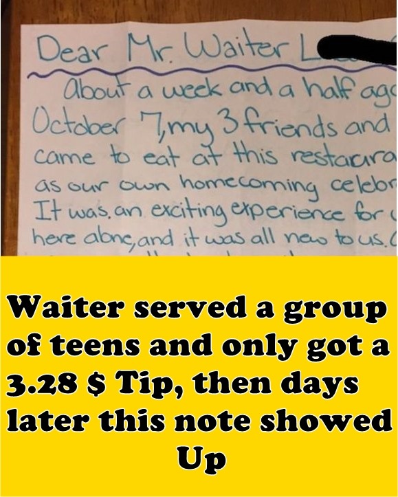 Generous Tipper Surprises Waiter with Heartwarming Note After Initially Receiving a Modest $3.28 Tip from a Group of Teens