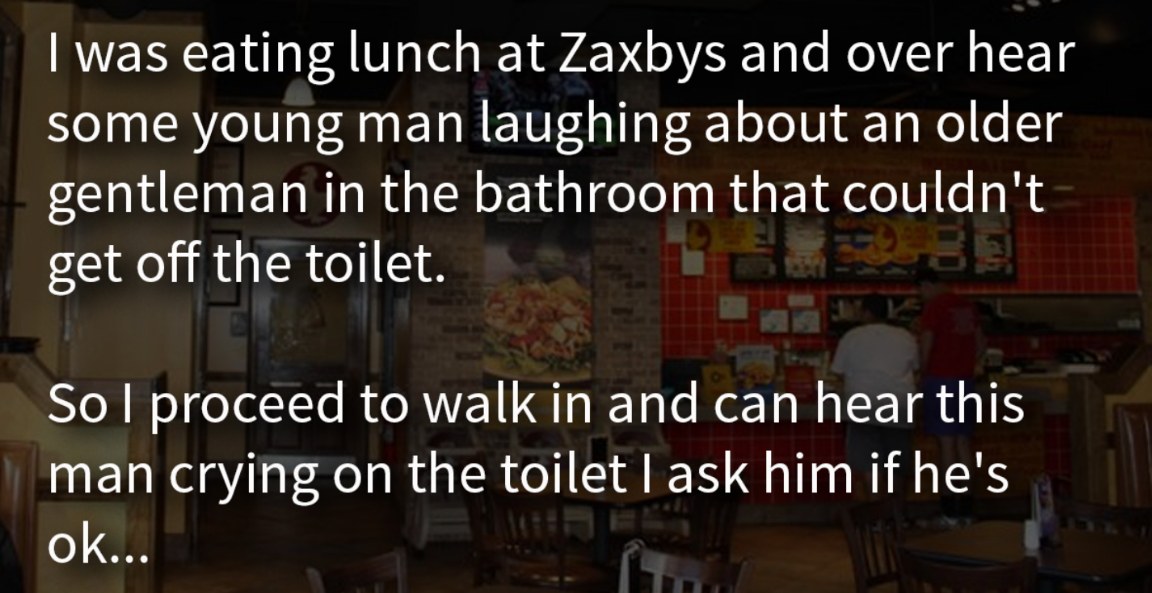 Man finds elderly veteran crying in the bathroom and hears rude teen laughing, now everyone’s talking about his response