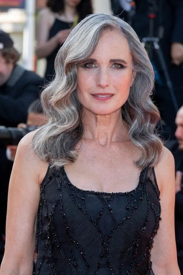 Andie MacDowell confidently struts in her gray hair at a premiere. - PopSugar.com