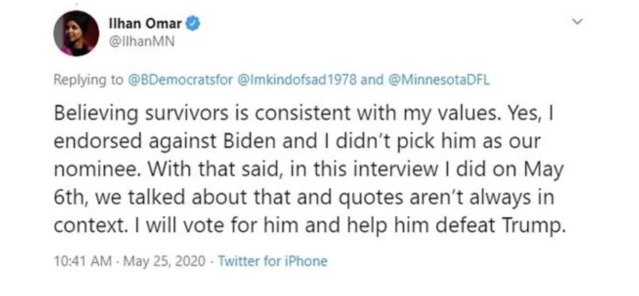 Ilhan Omar Supports Biden Despite Tara Reade’s Claims